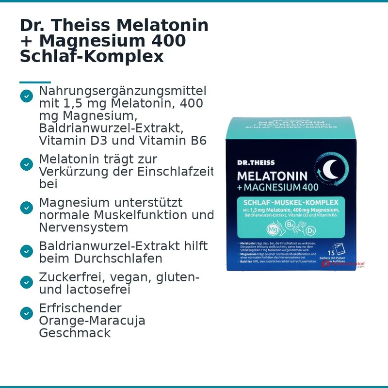 Dr. Theiss Melatonin / Magnesium / Baldrian / Vitamin D3 / Vitamin B6 Schlaf-Komplex Pulver, 15 Stück