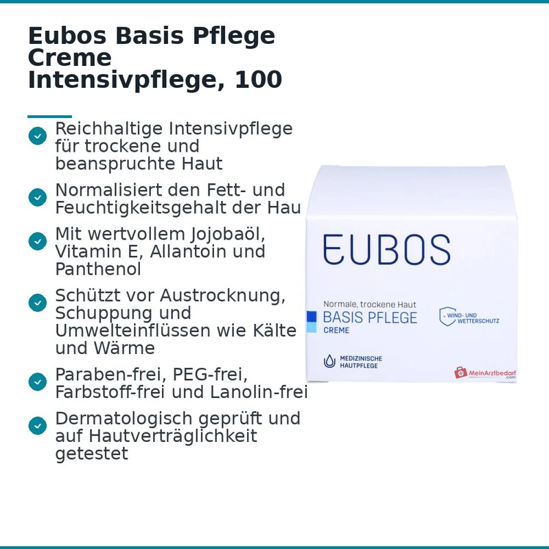 Eubos Basis Pflege Creme Intensivpflege Jojobaöl / Vitamin E / Allantoin / Panthenol Creme, 100 ml
