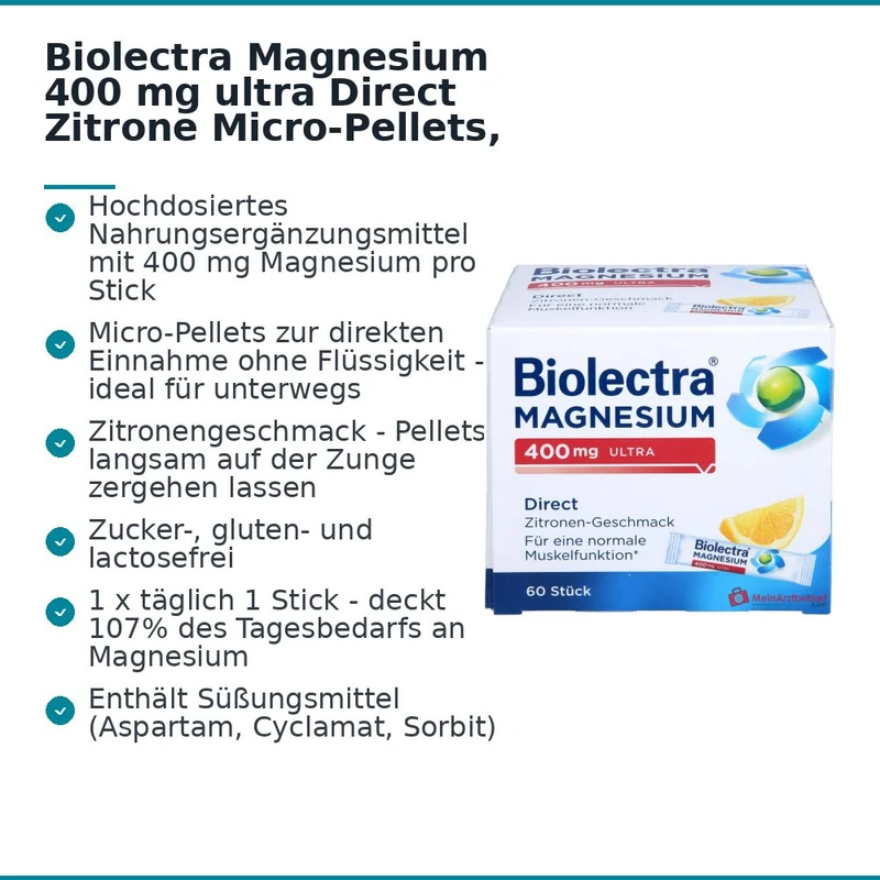 Biolectra Magnesium 400 mg ultra Direct Zitrone Magnesiumoxid Micro-Pellets, 60 Sticks