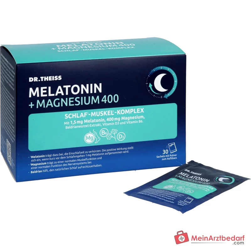 Dr. Theiss Melatonin / Magnesium / Baldrianwurzel-Extrakt / Vitamin D3 / Vitamin B6 Schlaf-Muskel-Komplex Pulver, 30 Beutel à 5 g