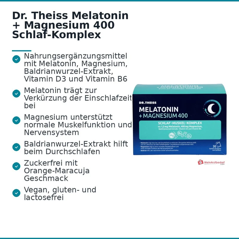 Dr. Theiss Melatonin / Magnesium / Baldrianwurzel-Extrakt / Vitamin D3 / Vitamin B6 Schlaf-Muskel-Komplex Pulver, 30 Beutel à 5 g