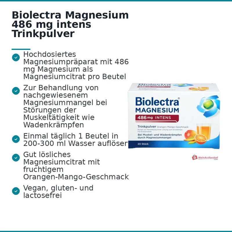 Biolectra Magnesium 486 mg intens Magnesiumcitrat Trinkpulver Orangen-Mango-Geschmack, 20 Beutel