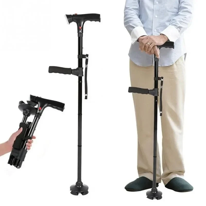 Zusammenklappbarer Gehstock mit doppelten Griffen, Alarm & Lampe