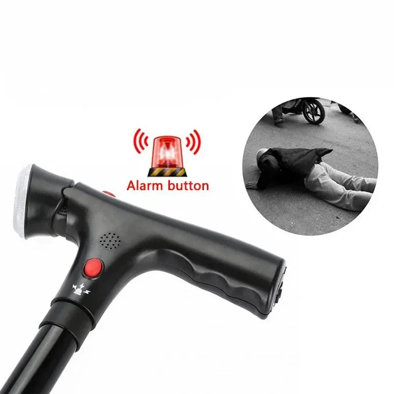 Zusammenklappbarer Gehstock mit doppelten Griffen, Alarm & Lampe