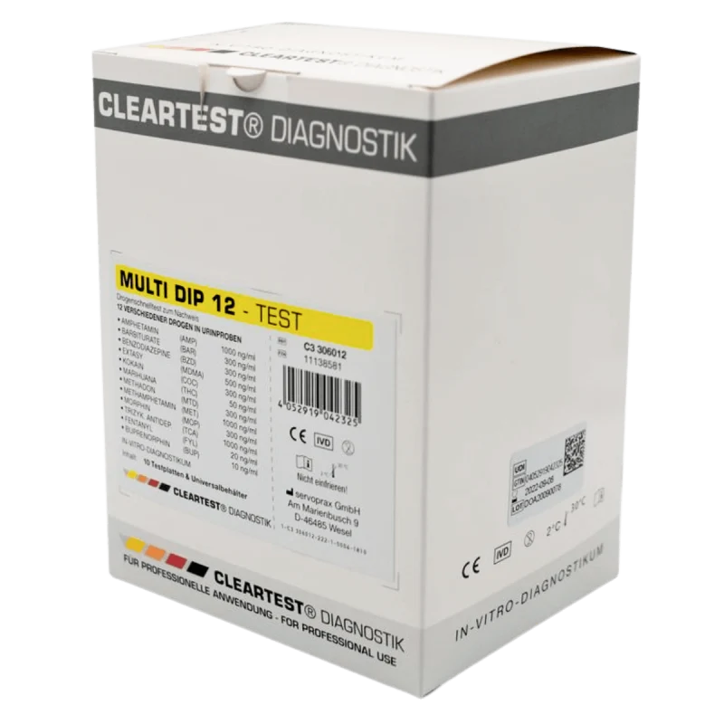 Cleartest® Multi Dip 12, Drugstest, 10 stuks Amfetamine - Benzodiazepine - Cocaine - Morfine - Methadon - Cannabis - Barbiturate - Metamphetamine - Extasy - Tricyclische Antidepressiva - Bupremorfie - Fentanyl