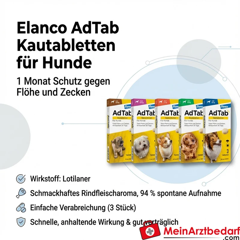 Elanco AdTab Kautablette Hund Lotilaner Rind 3 Stk. – 1 Monat Schutz gegen Flöhe und Zecken