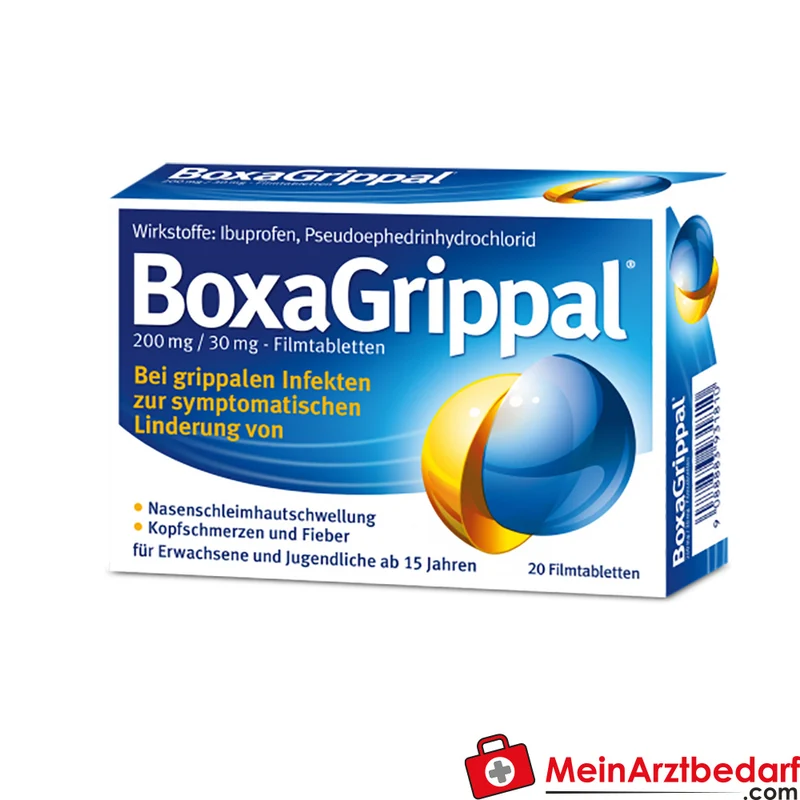 BoxaGrippal Filmtabletten 200 mg Ibuprofen / 30 mg Pseudoephedrin, Erkältung & fiebersenkend, 20 St.