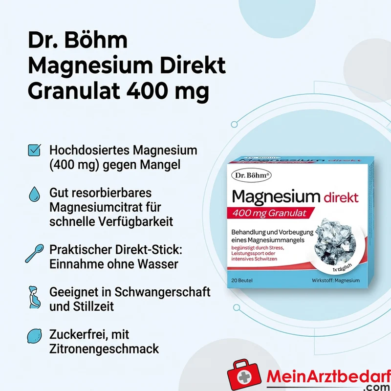 Dr. Böhm Magnesium Direkt Granulat 400 mg, 20 Sticks, zuckerfrei, Zitronengeschmack