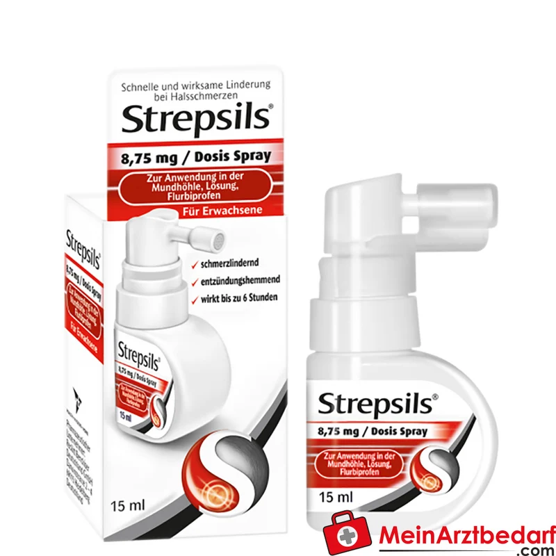 Strepsils Spray 15 ml (Flurbiprofen) halsschmerzlindernd & entzündungshemmend, 6 Std, Kirsche‑Minze