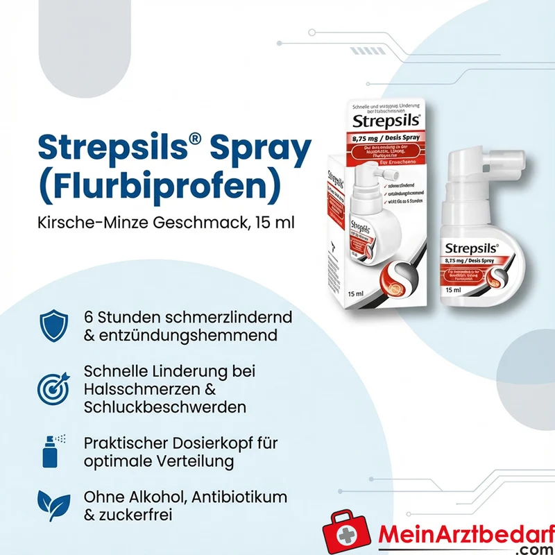 Strepsils Spray 15 ml (Flurbiprofen) halsschmerzlindernd & entzündungshemmend, 6 Std, Kirsche‑Minze