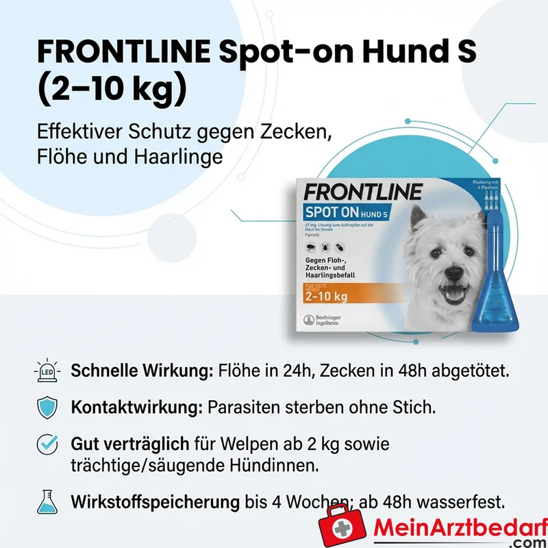 Frontline Spot-on Hund S (2–10 kg) 3 Stück Schutz gegen Zecken, Flöhe, Haarlinge