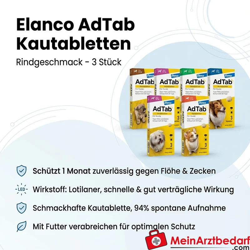 Elanco AdTab Kautabletten Hund Lotilaner 1 Monat Schutz gegen Flöhe und Zecken Rind 3 St.