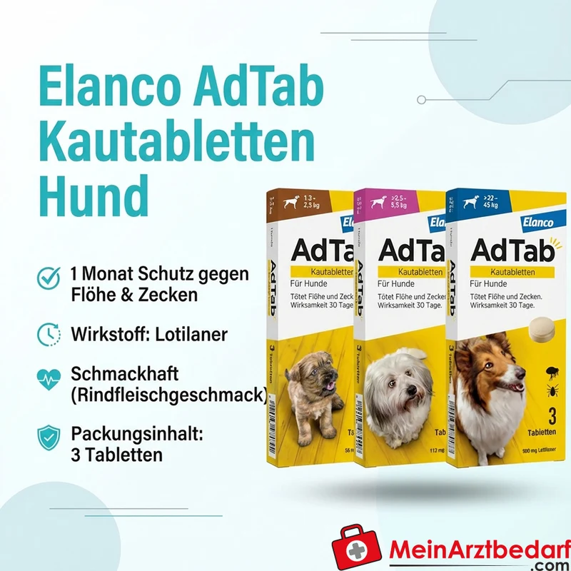 Elanco AdTab Kautabletten Hund 3 St. Lotilaner 1 Monat Schutz gegen Flöhe und Zecken
