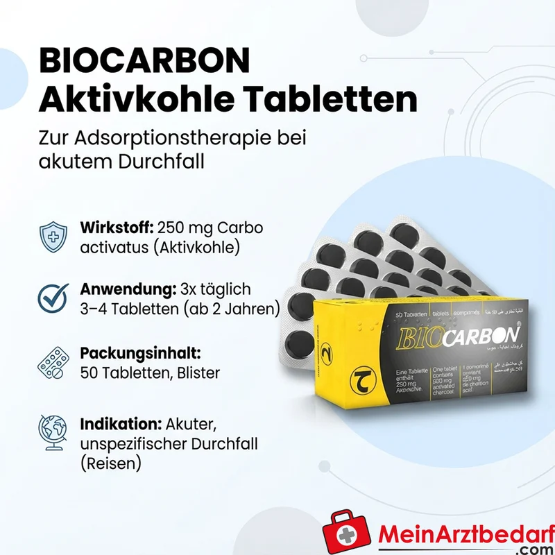 ERW01 Biocarbon Aktivkohle Tabletten 250 mg, 50 St. gegen Durchfall (ab 2 Jahre)