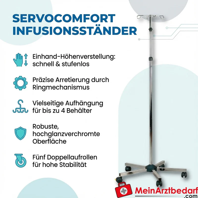 Servocomfort Infusionsständer Einhandverstellung 4-fach Aufhängung 5 Doppellaufrollen