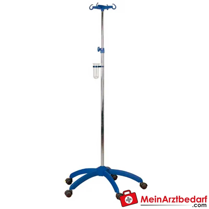 Servocomfort Infusionsständer blau, 5‑fach rostfreies Kunststoff-Fußkreuz, leitende Rollen, 2 feststellbar