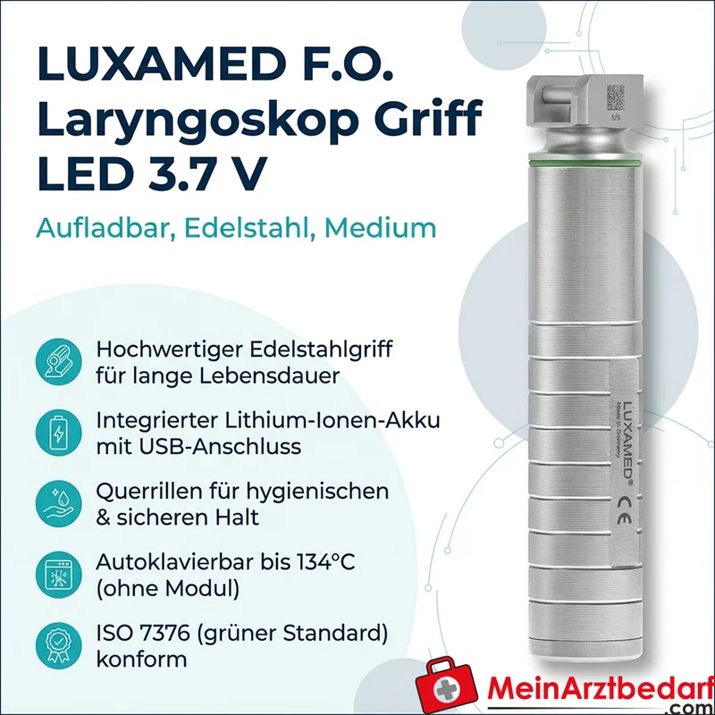 LUXAMED F.O. Laryngoskop Griff LED 3.7 V (aufladbar), inkl. USB-Ladegerät EU/UK/US, medium