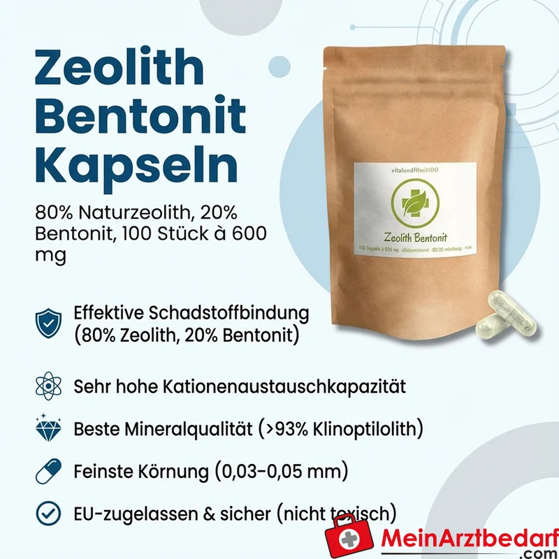Zeolith-Klinoptilolith-Bentonit Kapseln 80% Naturzeolith 20% Bentonit 100 Stück à 600 mg
