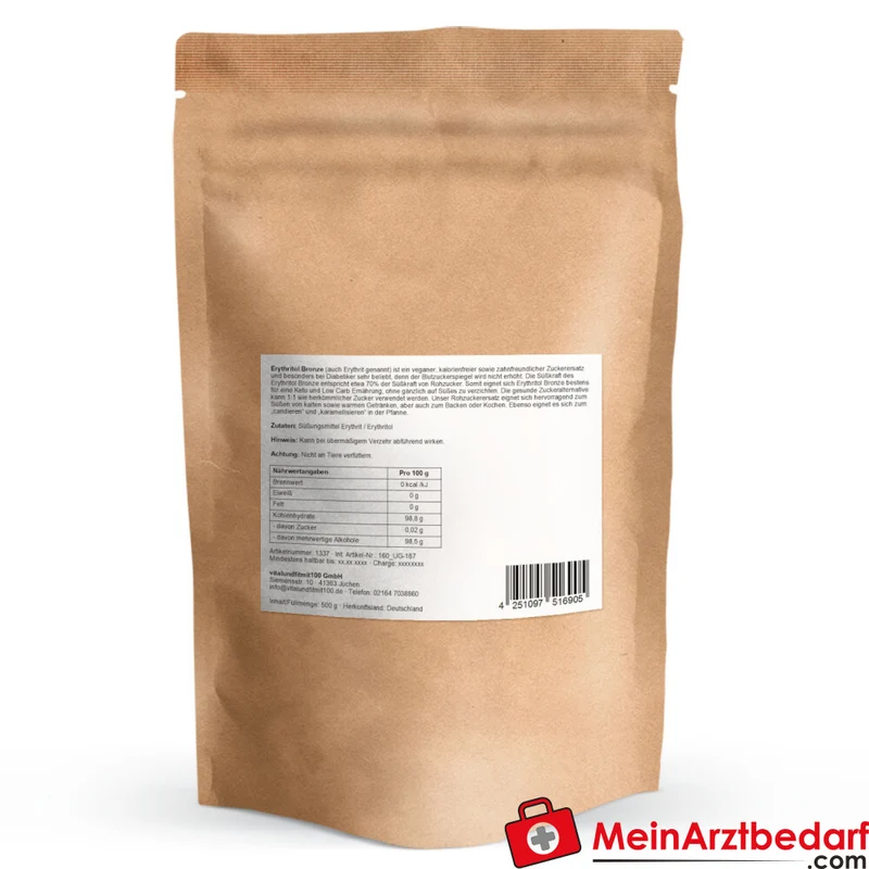 Erythritol Bronze Rohrzuckerersatz Pulver 500 g, kalorienfrei, vegan