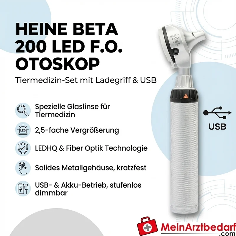 HEINE BETA 200 LED F.O. Otoskop mit Ladegriff, USB Kabel und Steckernetzteil