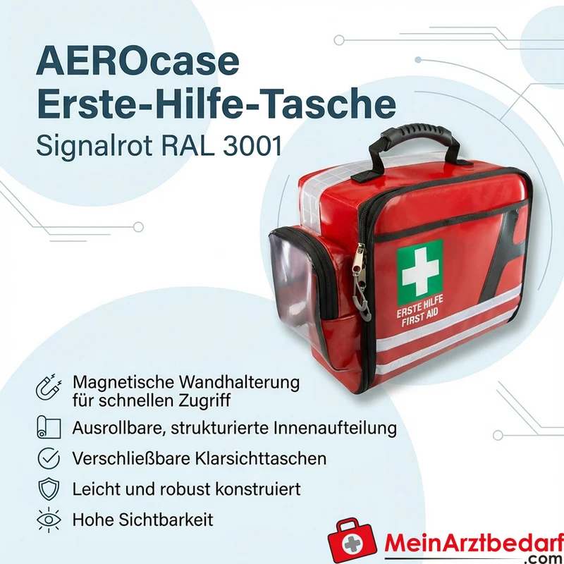 AEROcase Erste-Hilfe-Tasche Signalrot RAL 3001, magnetische Wandhalterung, ausrollbar mit verschließbaren Klarsichttaschen