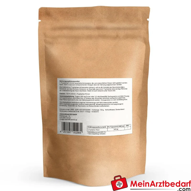 L‑Tryptophan Pulver 100 g, 500 mg Portion, vegan, glutenfrei