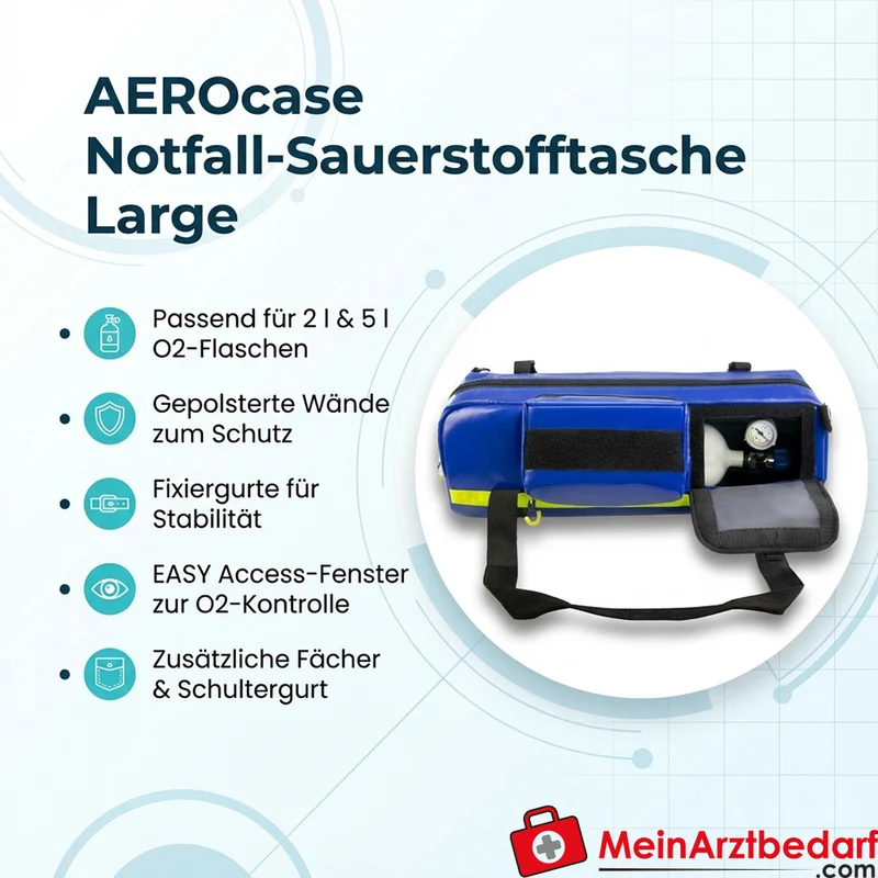 AEROcase Notfall-Sauerstofftasche Large für 2/5 l O2‑Flaschen mit Fixiergurten, EASY Access-Fenster und gepolstertem Schultergurt