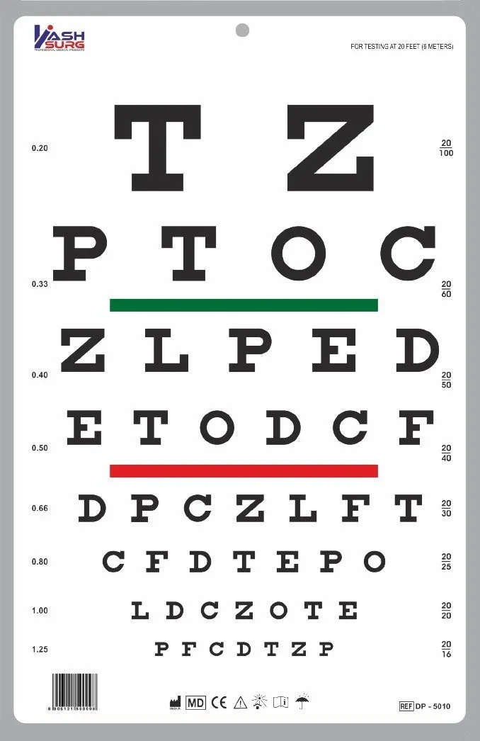 Visuskaart Snellen oogkaart met rode en groene balken, visuele scherptetest 6 m / 20 ft