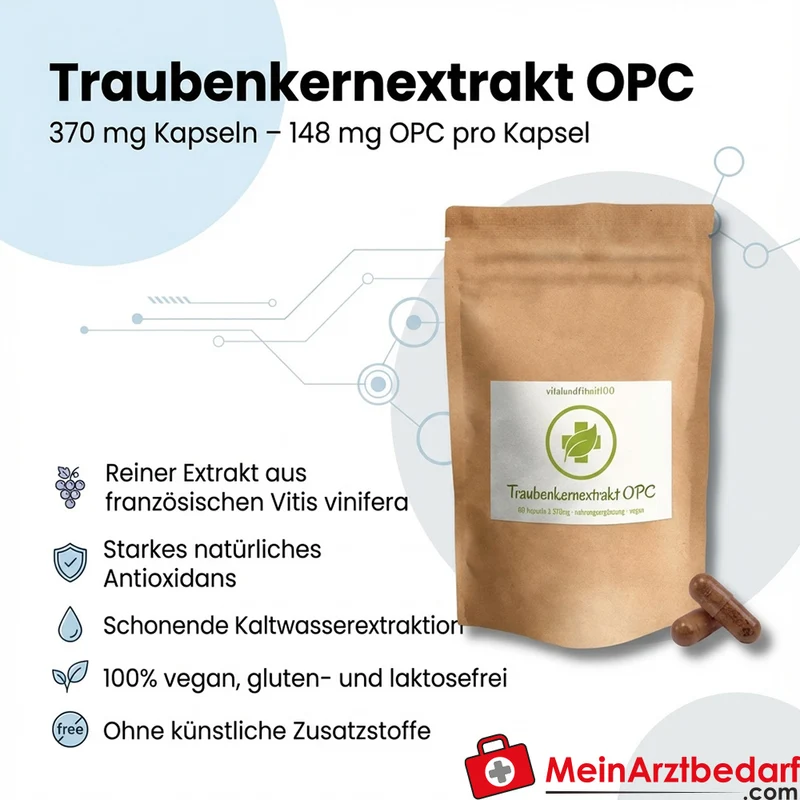 Traubenkernextrakt OPC 370 mg Kapseln 60 Stück, 148 mg OPC pro Kapsel, vegan