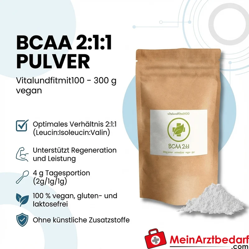 BCAA 2:1:1 Pulver Leucin:Isoleucin:Valin 300 g, vegan, glutenfrei, laktosefrei