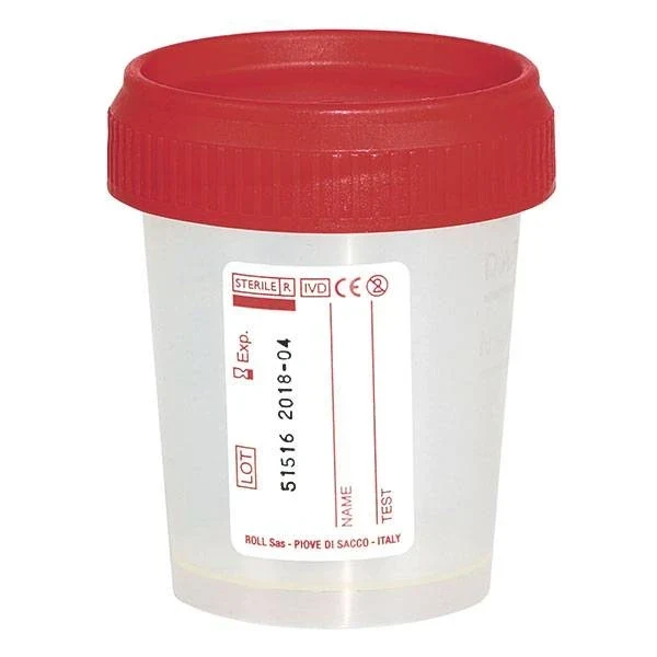 Urinebeker met schroefdeksel - 60 ml - 500 stuks binnenkant steriel - met rode deksel