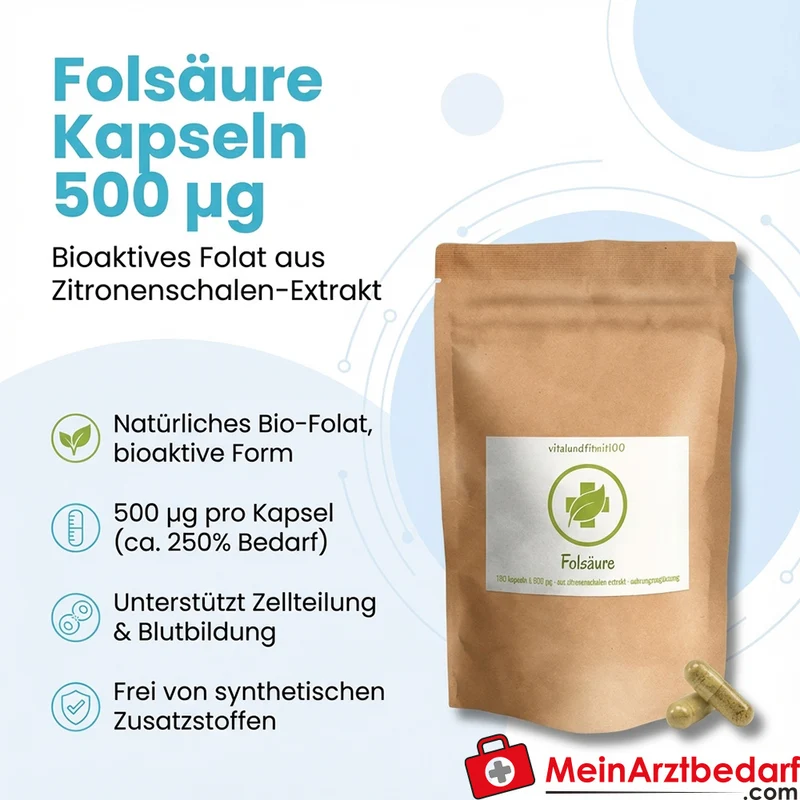 Folsäure Kapseln 500 µg aktives Folat aus Zitronenschalen‑Extrakt