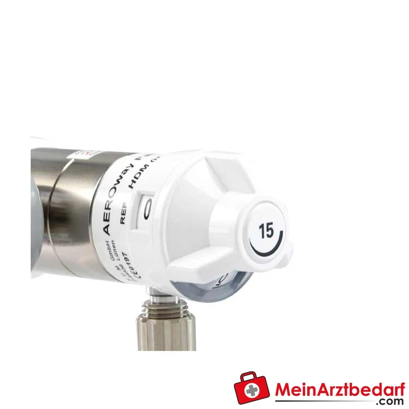 AEROway Fast ZGA Flowregler DIN EN ISO 15002, vernickeltes Messing, UNF 9/16, stufenweise, optional 1,5 m Druckschlauch