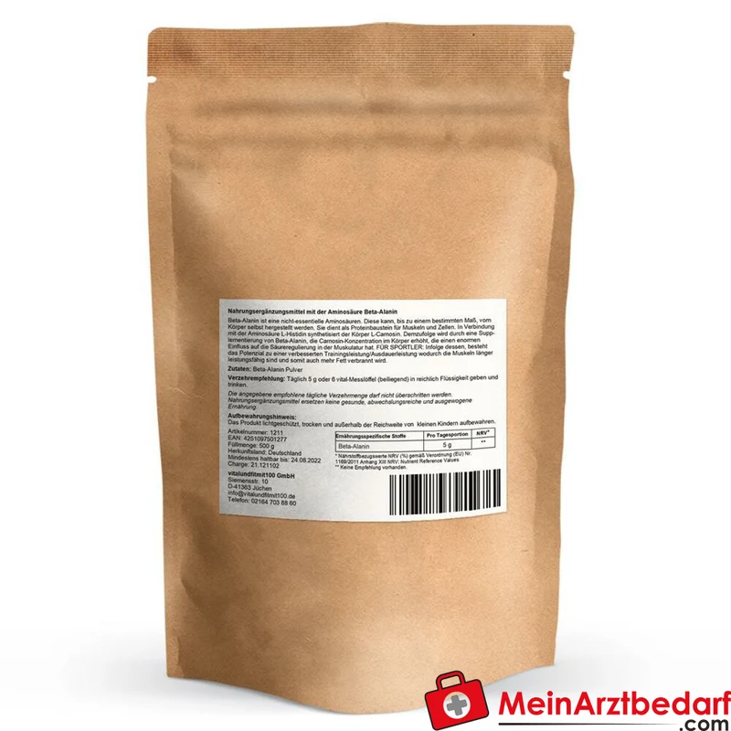Beta-Alanin Pulver 500 g Reinsubstanz Aminosäure vegan gluten- und laktosefrei