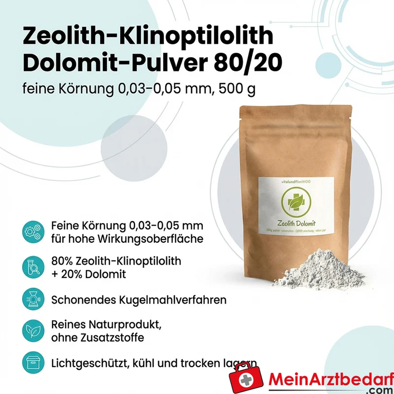 Zeolith-Klinoptilolith Dolomit-Pulver 80/20, feine Körnung 0,03–0,05 mm, Schadstoffbinder, 500 g