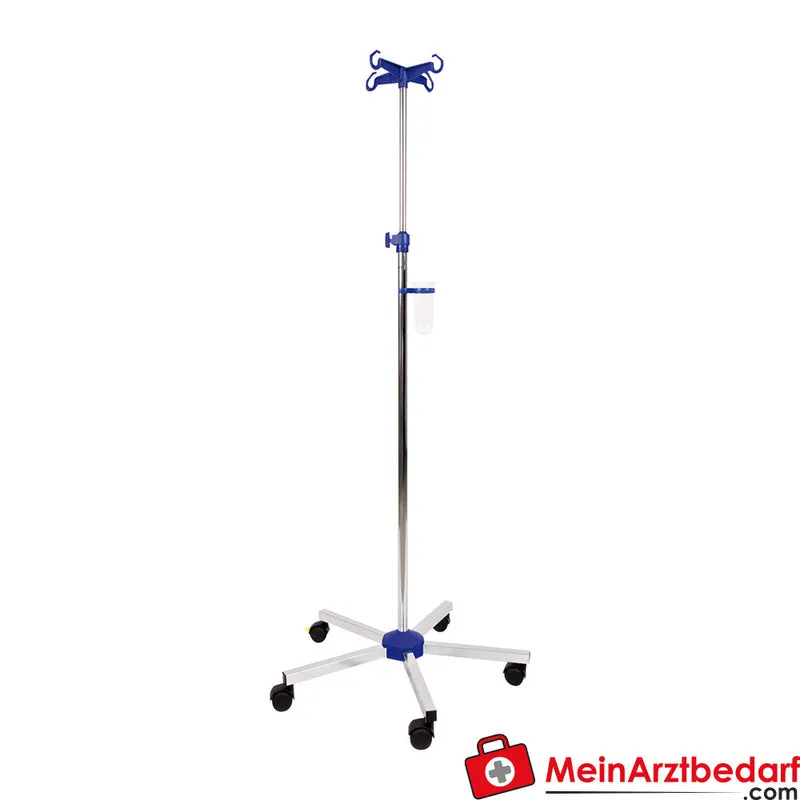 Infusions-Fahrstativ verchromt höhenverstellbar 1.100–2.000 mm 5‑strahliger Fuß, Laufrollen, 4 Haken