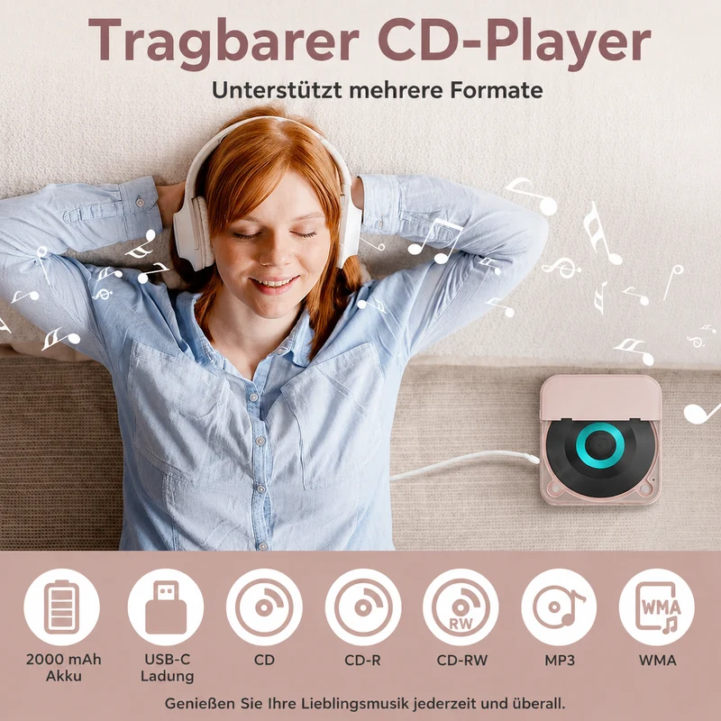 Tragbarer CD-Player – Bluetooth 5.3 mit Wiederaufladbarem Akku