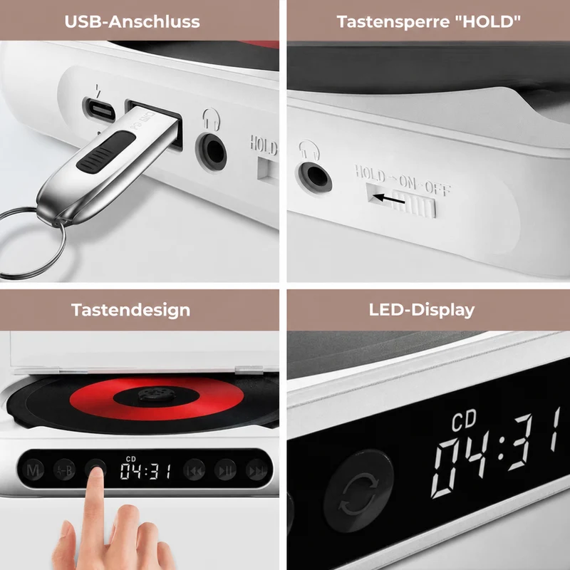 Tragbarer CD-Player – Bluetooth 5.3 mit Wiederaufladbarem Akku