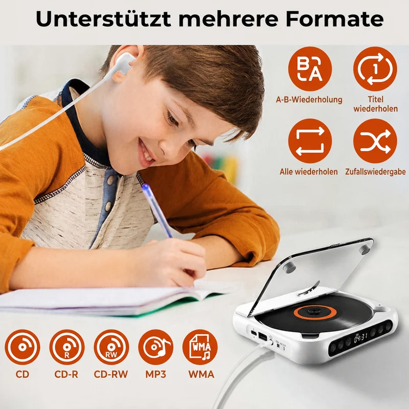 Tragbarer CD-Player – Bluetooth 5.3 mit Wiederaufladbarem Akku