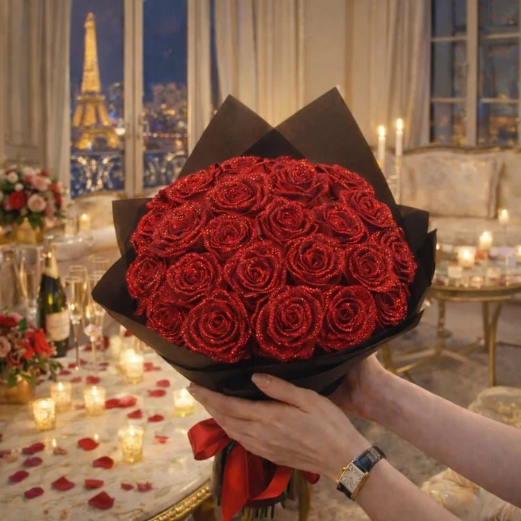 Glitzer Rosen Geschenk – Einzelrose oder Rosenstrauß in eleganter Geschenkbox