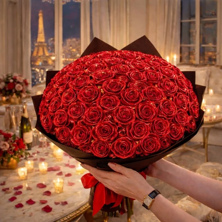 Glitzer Rosen Geschenk – Einzelrose oder Rosenstrauß in eleganter Geschenkbox