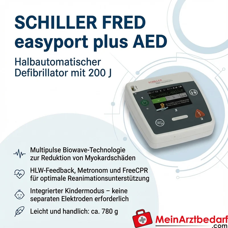 SCHILLER FRED easyport plus AED halbautomatisch 200 J HLW-Feedback Kindermodus leicht 780 g