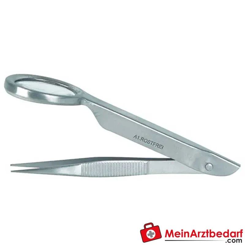 Servoprax Pinzette mit Lupe spitz, gerieft, rostfreier Stahl, 9,0 cm