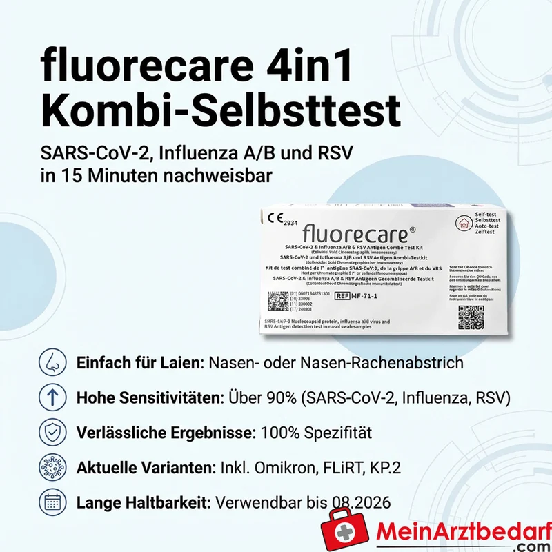 Fluorecare 4in1 Kombi-Selbsttest SARS‑CoV‑2, Influenza A/B und RSV, 1 Stück