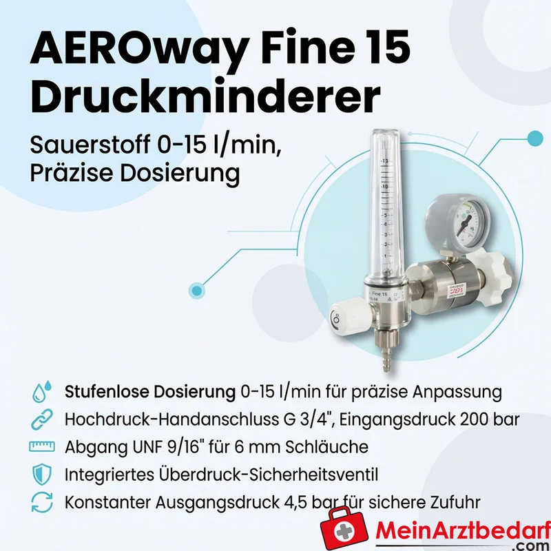AEROway Fine 15 Druckminderer Sauerstoff 0–15 l/min Hochdruckanschluss G 3/4" Abgang UNF 9/16" Ausgang 4,5 bar
