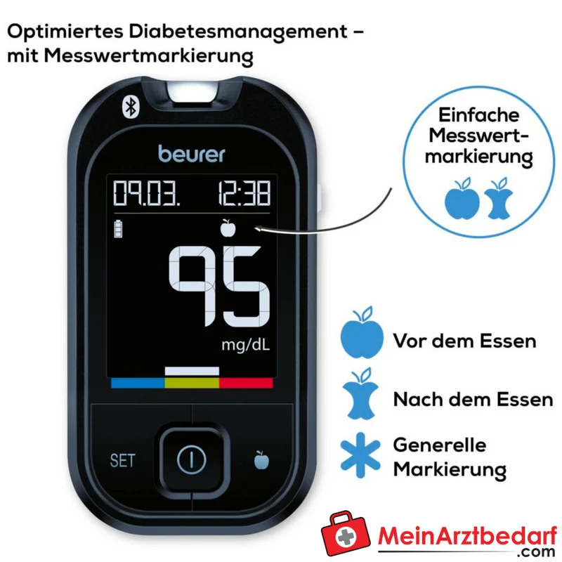 Beurer GL 49 Blutzuckermessgerät Bluetooth und USB 0,5 µl 900 Speicher Keton-Warnung
