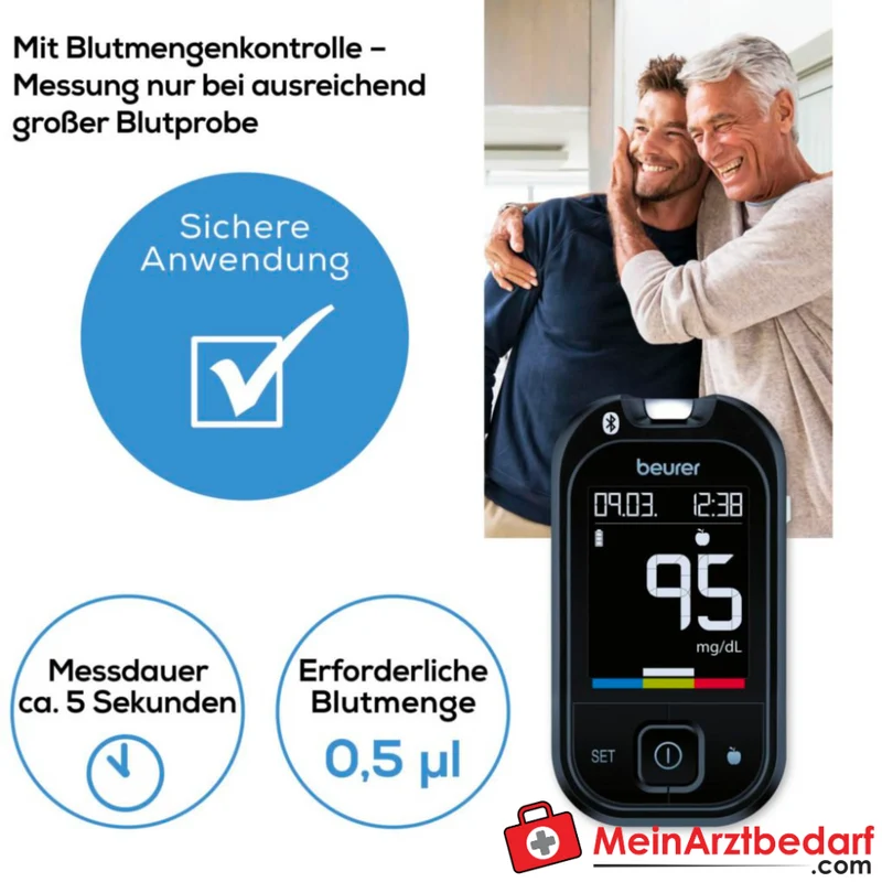 Beurer GL 49 Blutzuckermessgerät Bluetooth und USB 0,5 µl 900 Speicher Keton-Warnung