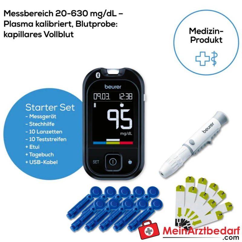 Beurer GL 49 Blutzuckermessgerät Bluetooth und USB 0,5 µl 900 Speicher Keton-Warnung