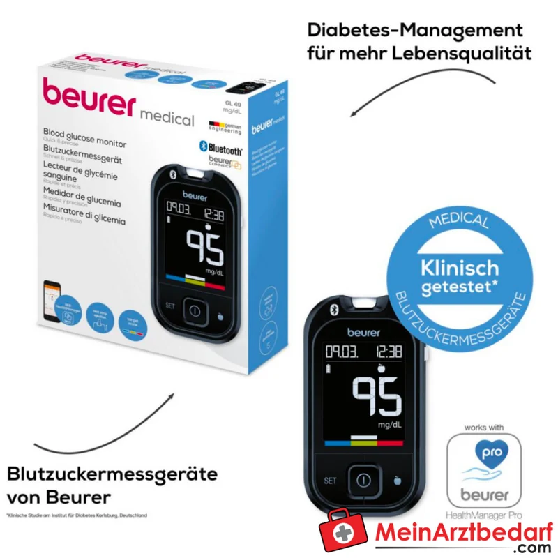 Beurer GL 49 Blutzuckermessgerät Bluetooth und USB 0,5 µl 900 Speicher Keton-Warnung