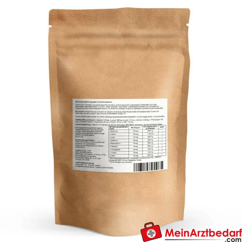 Amino Komplex 750 mg Kapseln, alle 8 essentiellen Aminosäuren + L‑Tyrosin, 180 Stück